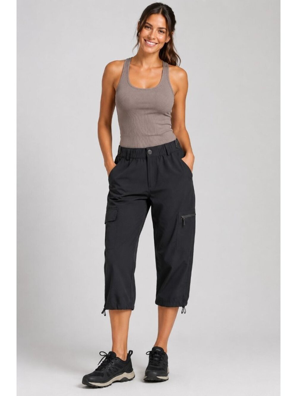 Santiny Womens Cropped Cargo Pants W/Elastic Waist & Adjustable Hem Black Small